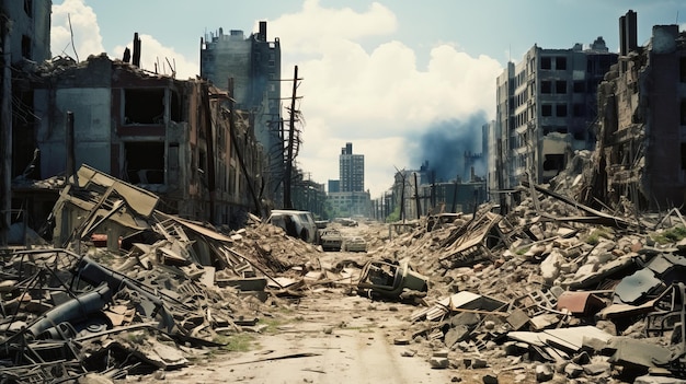 Devastated cityscape showing wartorn buildings and rubble