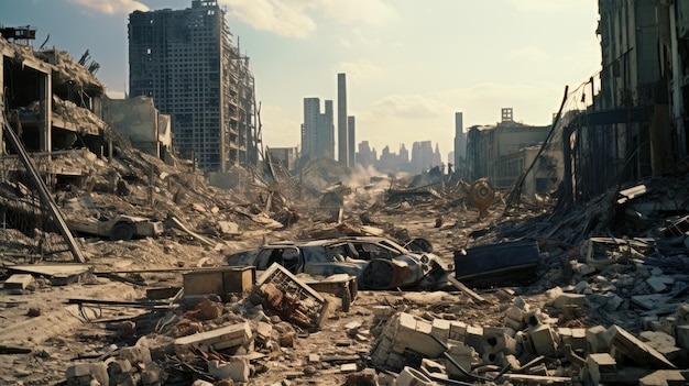 Devastated cityscape showing wartorn buildings and rubble