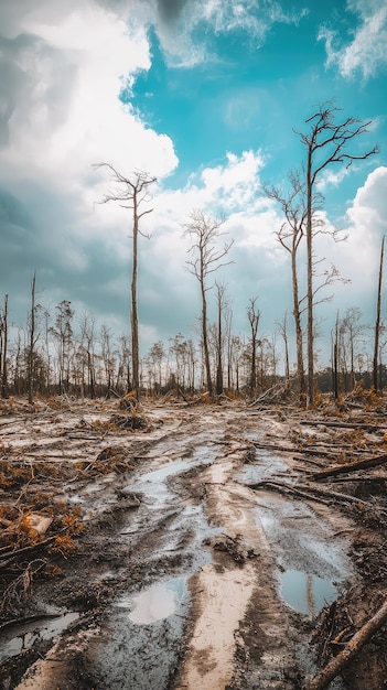 Photo a devastated landscape with fallen trees after hurricane showcasing natures destruction