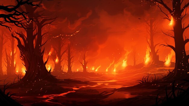 Photo a devastating forest fire with intense flames and scorched landscape