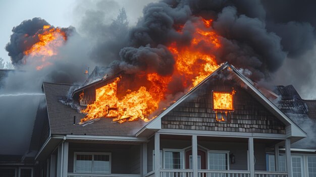 Photo devastating house fire with flames and thick smoke billowing from burning residential property