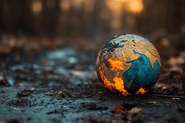 Photo devastating imagery of a fire damaged earth globe symbolizing the dire effects of global warming