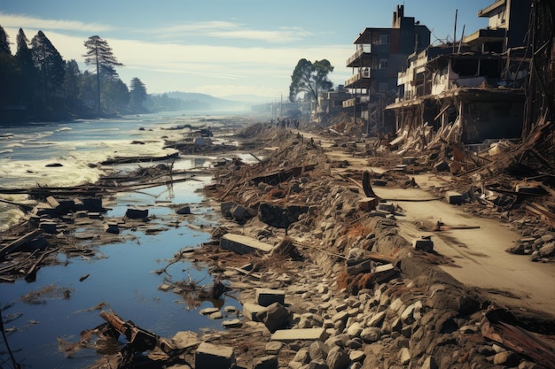 Devastating tsunami portraying the immense destruction and chaos left in its wake