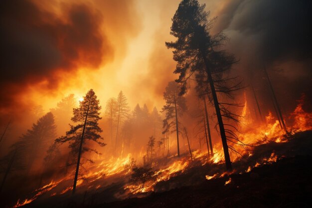 Devastating wildfire raging through dense forest posing grave ecological threat environment damage