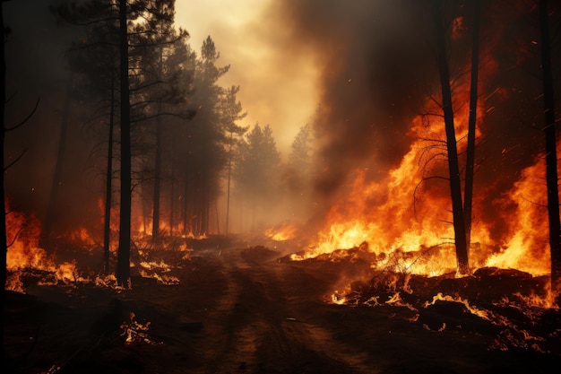 Devastating wildfire raging through dense forest posing grave ecological threat