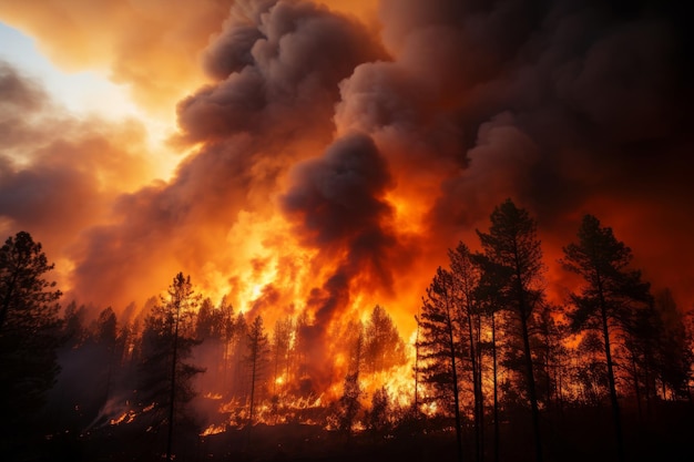 Devastating wildfire ravaging dense forest causing grave ecological threat and environmental havoc