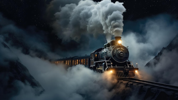 Develop an aweinspiring image of a train surrounded by a nebulous mist its lights piercing through