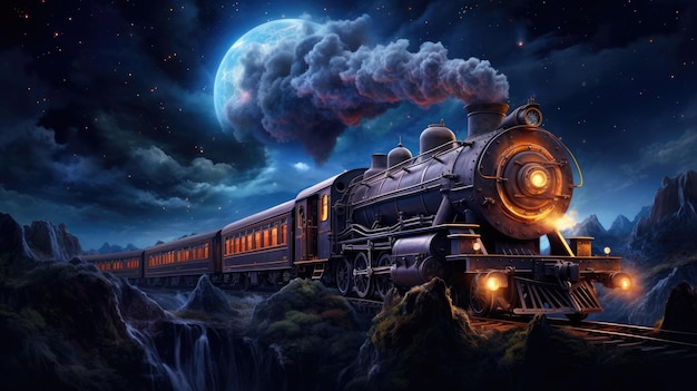 Develop an enchanting depiction of a train ascending through a spiral galaxy leaving Earth