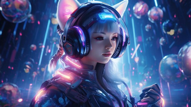 Develop a futuristic nekomimi character with holographic headphones immersed in a virtual reality