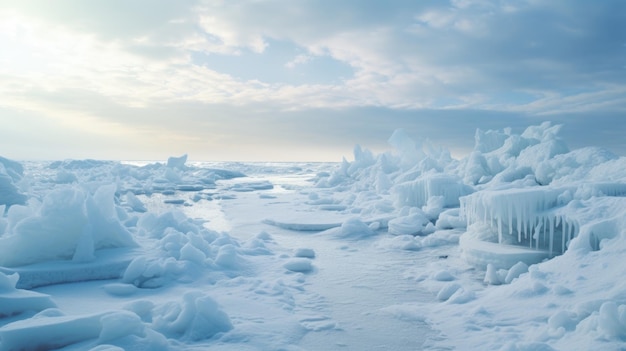 Develop an image of a frozen snowcovered beach with ice formations along the shore