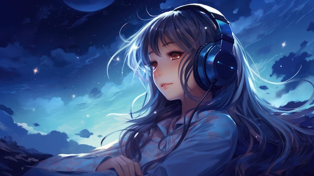 Develop an image of a nekomimi girl with headphones sitting on a crescent moon overlooking a dream