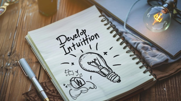 Photo develop intuition a notebook with a light bulb drawing