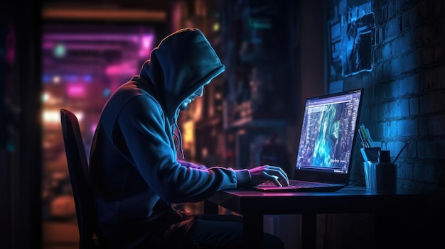 Developer or the hacker or player is seen from the back in a dark sweatshirt Neon background