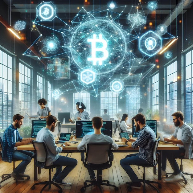 Developers collaborated on blockchain projects in the vibrant coworking space downtown their creati