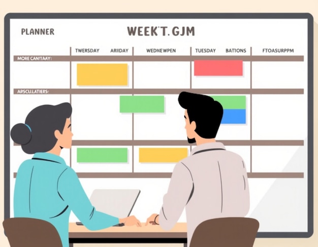 Photo developers team planning weekly schedule task board and collaboration concept