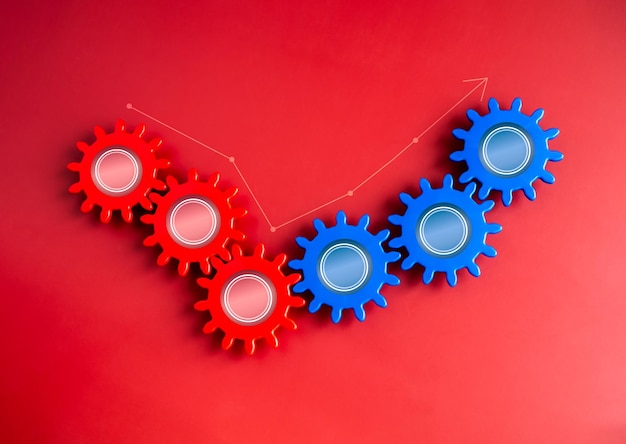 Development of growth line graph appear on moving blue and red gears on red background Business success strategy organization management and solution teamwork and connection technology concepts