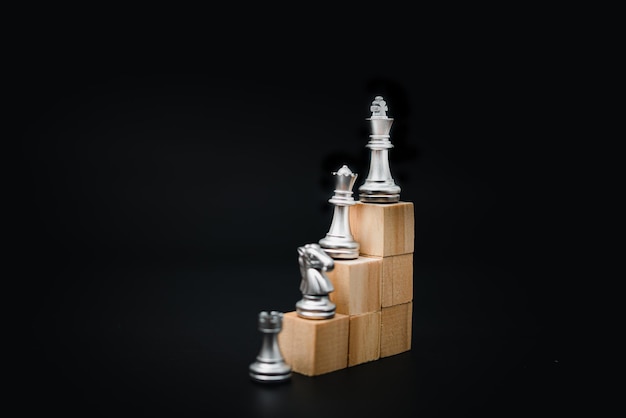 Photo development and improvement in corporate growth and professional success idea concept of business leader or entrepreneurchess on wood cube