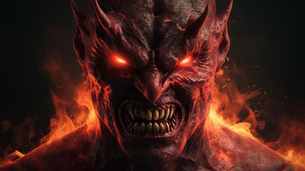 Devil in hell Scary monster with horns on a background of fire