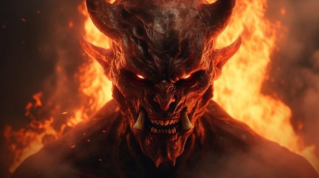 Devil in hell Scary monster with horns on a background of fire