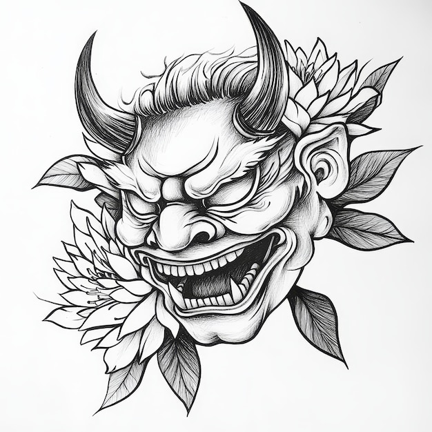 Photo devil with flower tattoo on white background hand drawn illustration