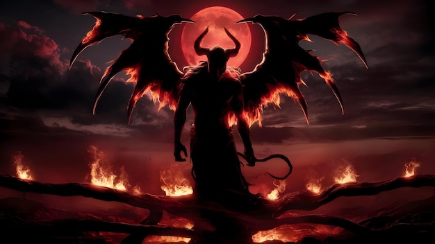 Photo devil with wings and tails in hell with blood moon red moon