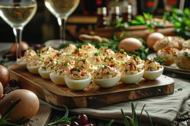 Photo deviled eggs on wooden platter in cozy cafe setting