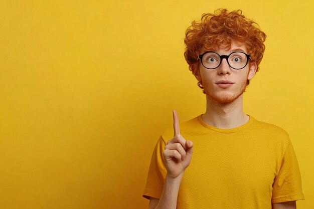 Photo devious redhead man in glasses and tshirt pitching an idea steeple fingers and look from under foreh