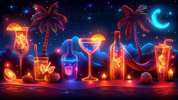 Devise a neon set of leisure symbols including illuminated palm