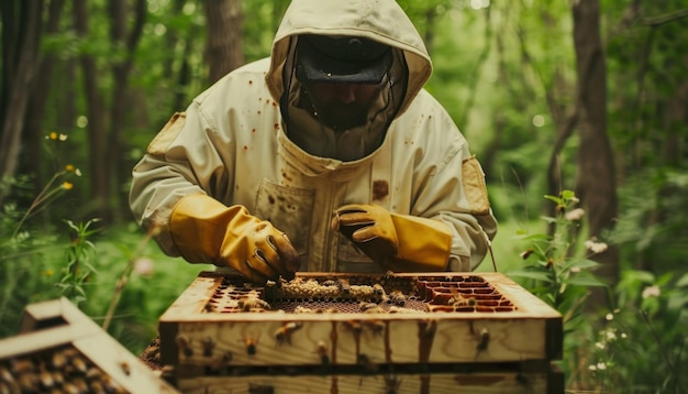 Devoted beekeeper in full protective gear inspects honey frames outdoors with care