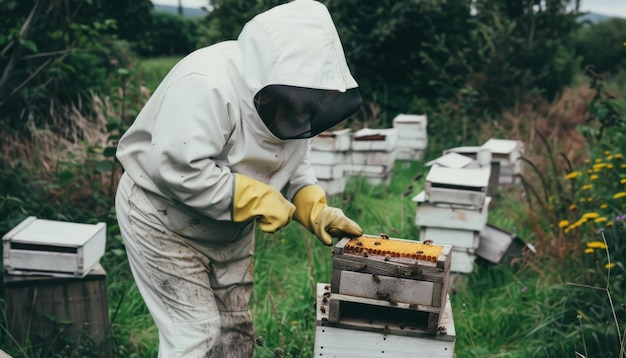 Devoted beekeeper in full protective gear inspects honey frames outdoors with care