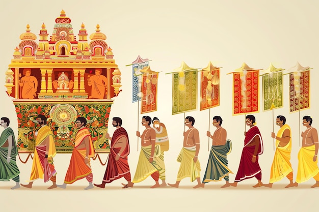 Devotees carrying banners and flags with religious motifs Indian background concept