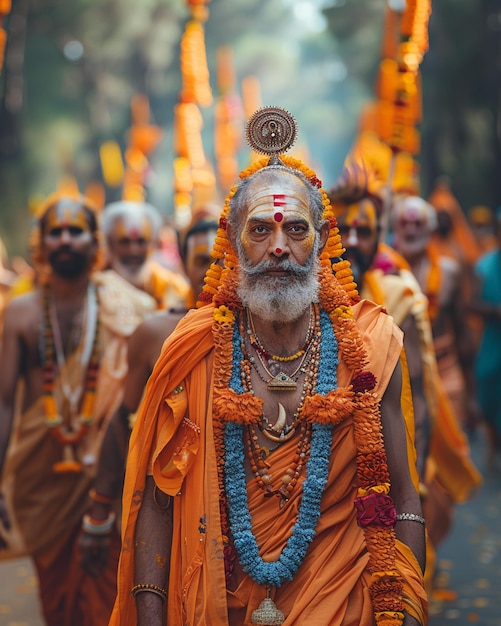 Devotees Carrying Large Banners Flags Background