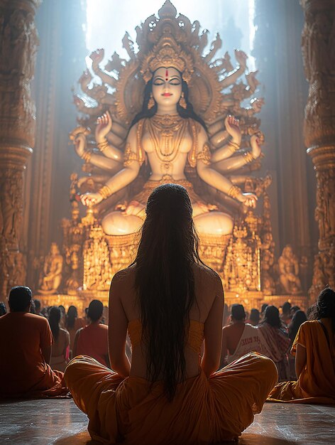 Photo devotees gathered in a large hall performing evening prayers in front of a massive durga idol