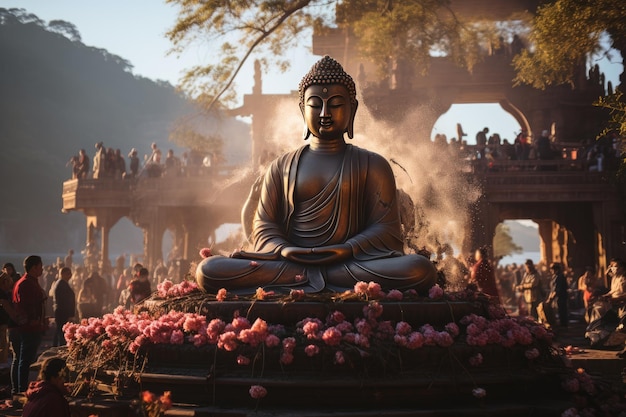 Devotees surround giant Buddha statue in prayer generative IA