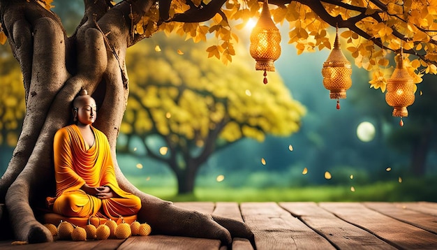 Photo devotional buddha purnima background a monk under tree