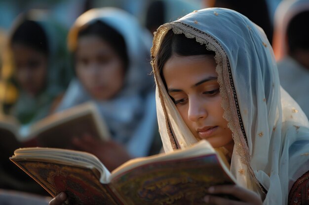 Devout young woman reading sacred text