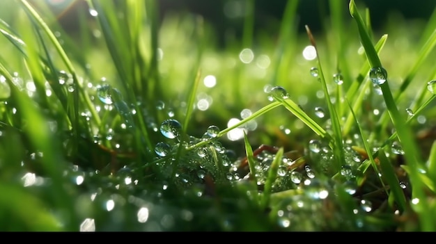 Photo dew droplets in grass on summer morning sparkle in sunlight fresh grass with water drops soft focus