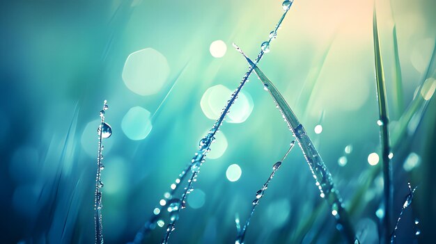 Photo dew drops on a blade of grass in the morning