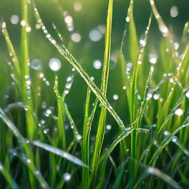 dew drops on the blades of grass in the sun