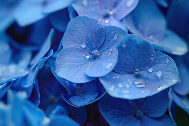 Dew drops on blue hydrangea petals