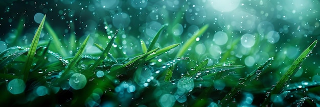 Dew drops glisten on blades of grass captured in a panoramic view that emphasizes the freshness of a new day