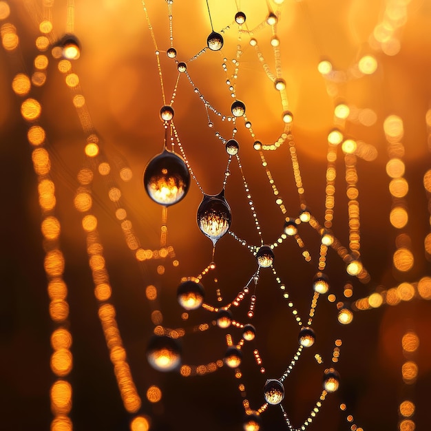 Photo dew drops glisten on a spiderweb against a warm golden sunrise