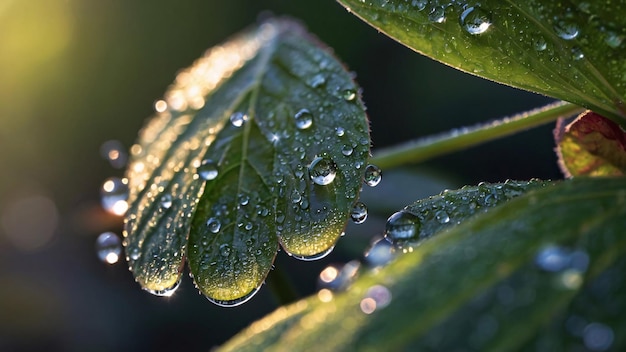 Dew drops glistening on a green leaf