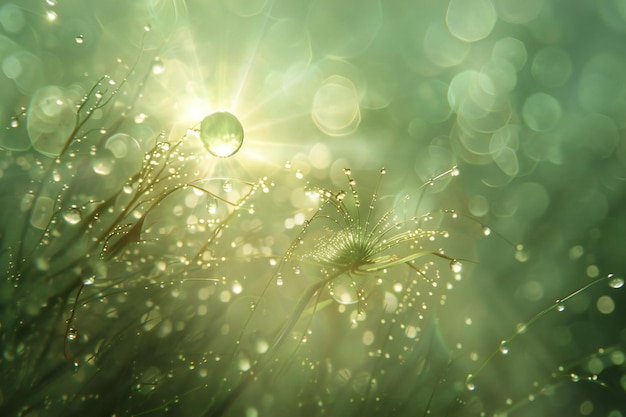 Dew drops on the grass with bokeh light background