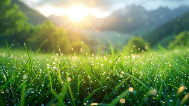 Dew drops on green grass at sunrise in a mountain valley