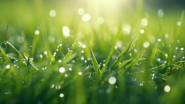 Dew drops green grass with sun rise wallpaper image AI generated art