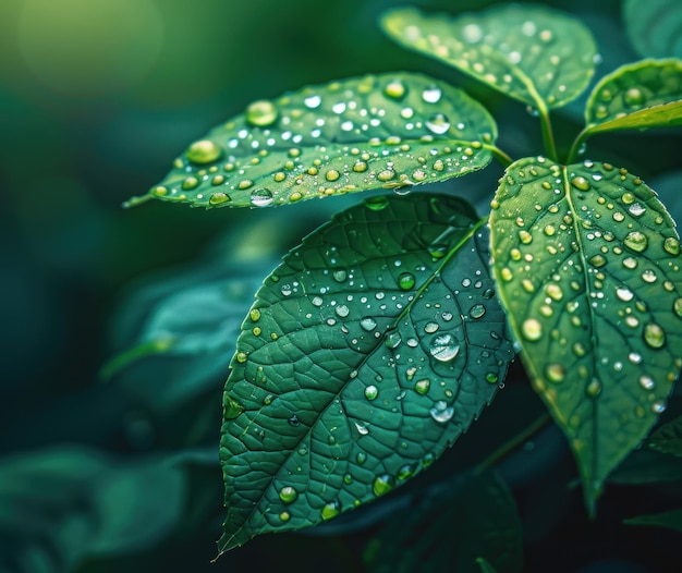 Dew Drops on Lush Green Leaves