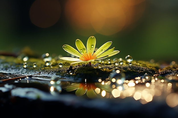 Dew Drops on Moss and Flowers