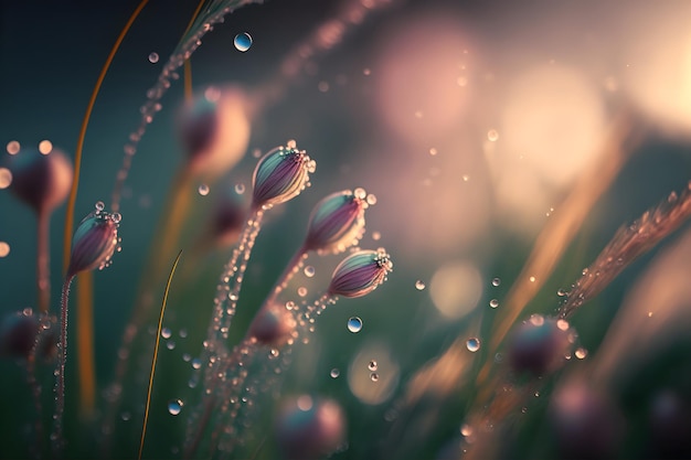 Dew on the fresh spring grass in the field Water drops on a blade of grass after rain closeup macro Blurred background