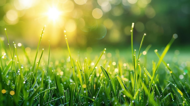 Dew Glistens on Fresh Green Grass under Sunbeams